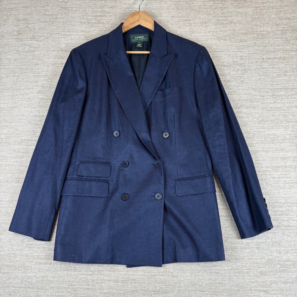 Lauren Ralph Lauren Navy Blue 100% Linen Double Breasted Blazer Womens 12